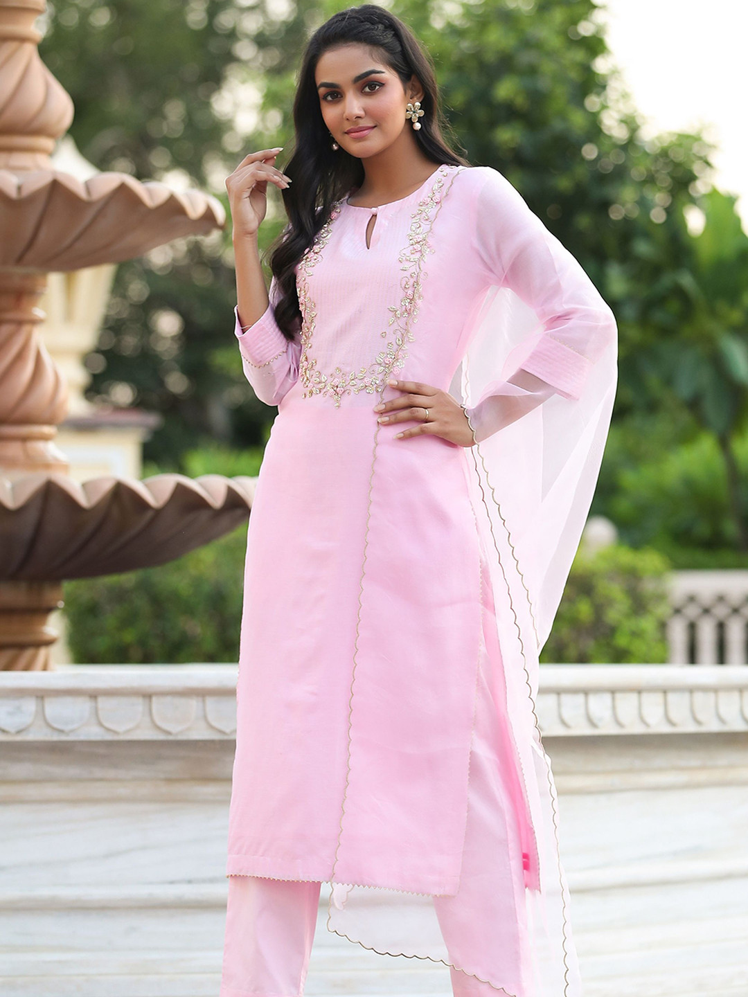 GILLORI Ethnic Motifs Embroidered Zardozi Chanderi Silk Kurta with Trousers & Dupatta