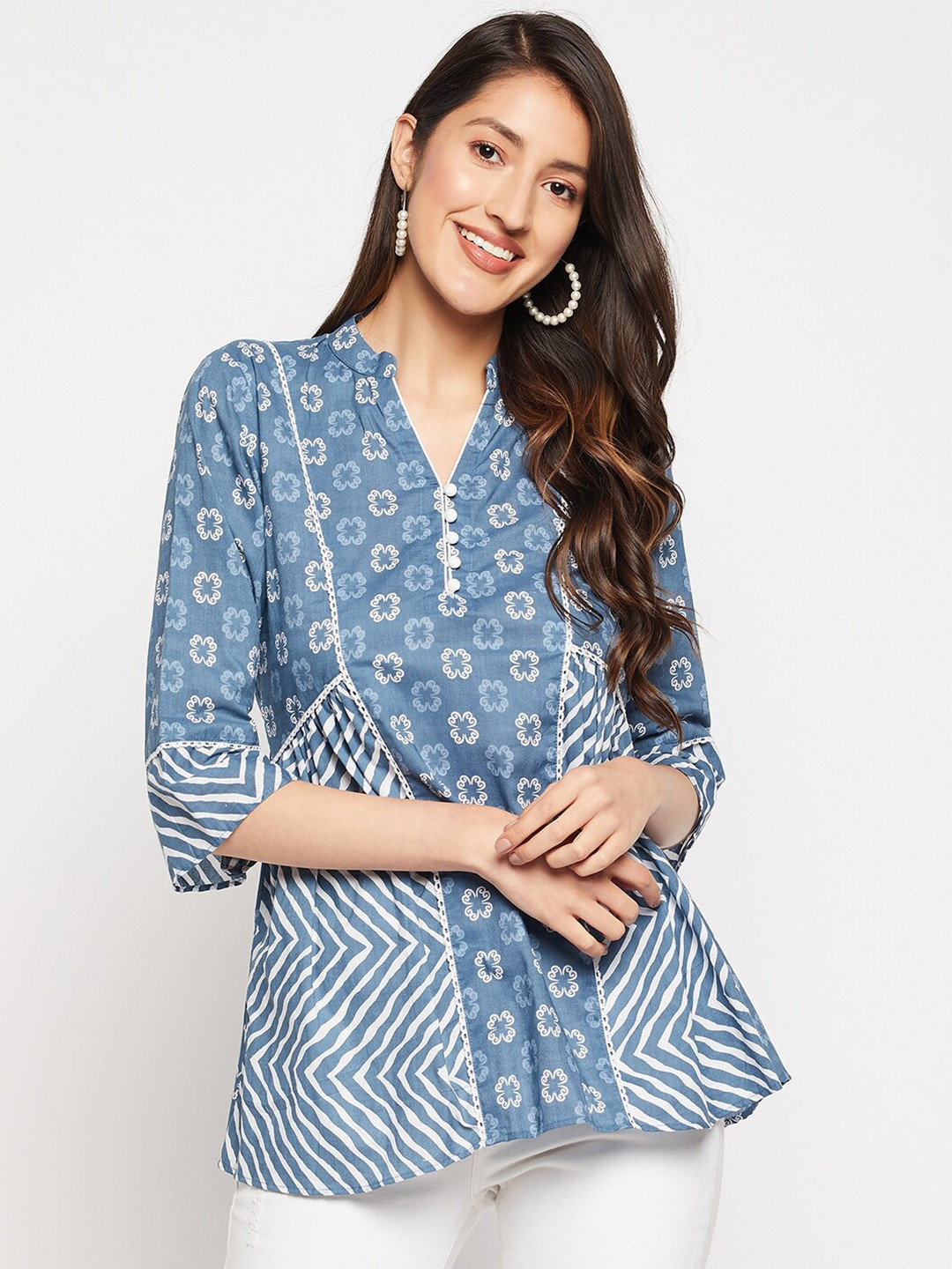 WEAVLLITE Printed Pure Cotton Mandarin Collar Tunic