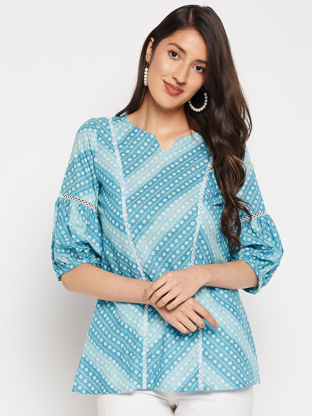 WEAVLLITE Floral Printed Puffed Sleeves Lace Inserts Pure Cotton A-line Top