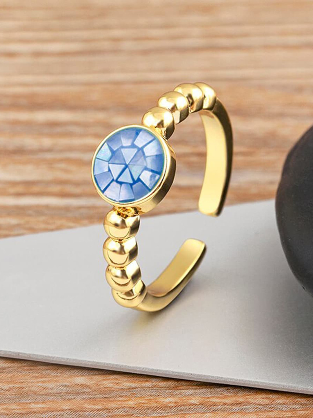 ZIVOM 18KT Gold-Plated Mother Of Pearl  CZ-Studded Ring