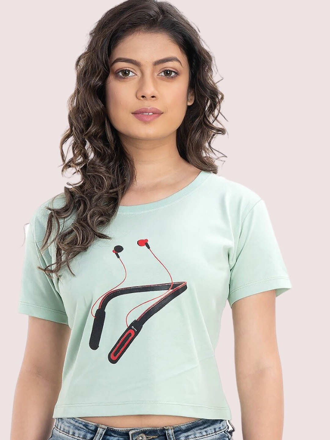 StyleAOne Graphic Printed Round Neck Cotton Crop T-Shirt