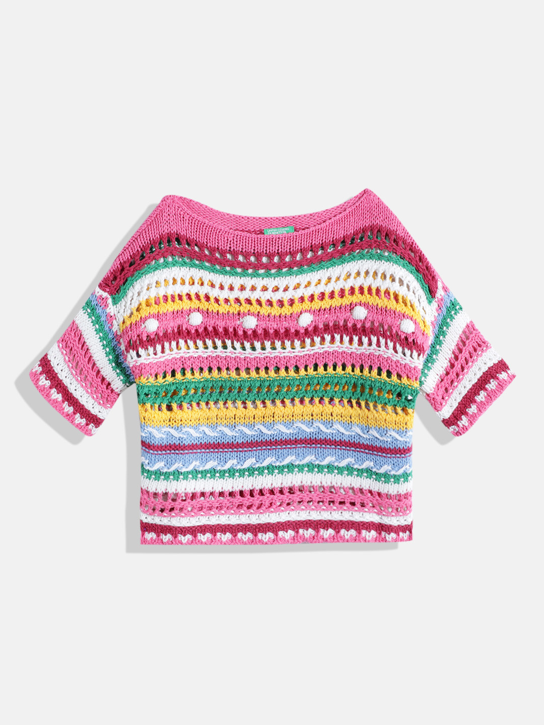 United Colors of Benetton Girls Open Knit Crochet Striped Top