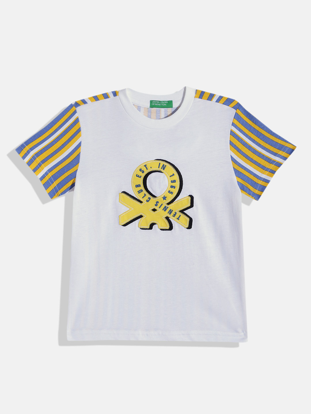 United Colors of Benetton Boys Pure Cotton Brand Logo Applique & Striped T-shirt