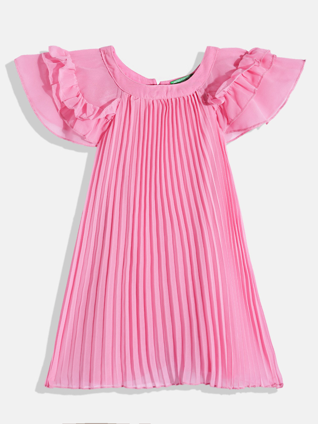 United Colors of Benetton Girls Accordian Pleated Flutter Sleeves A-Line Dress