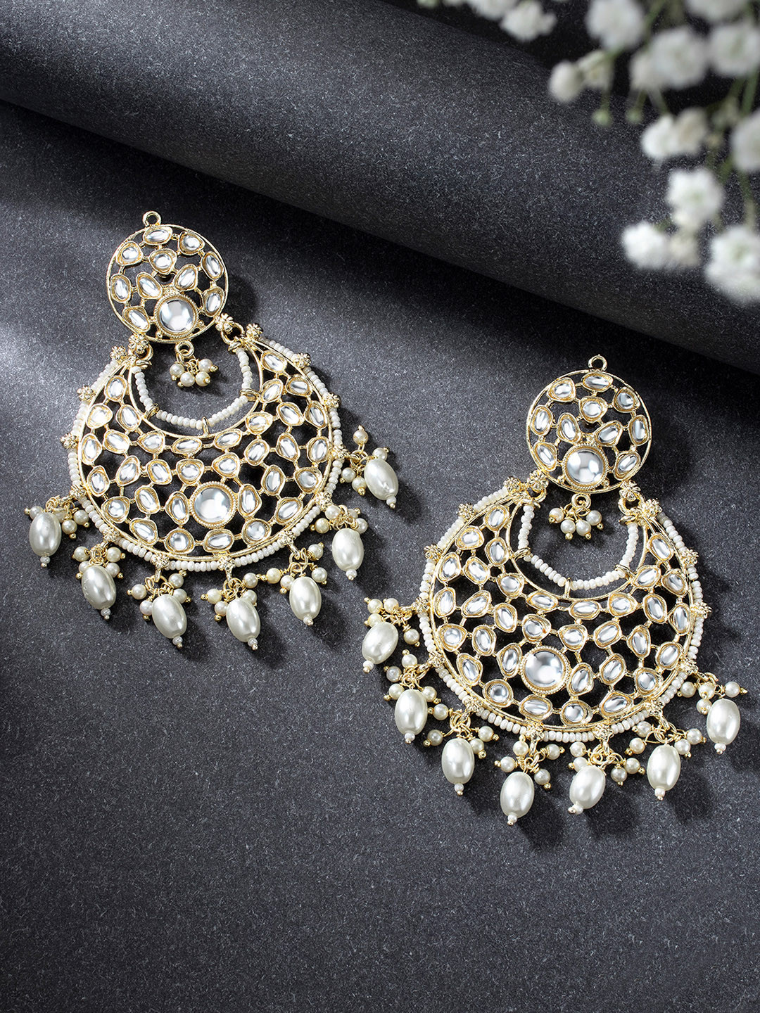 Peora Gold-Plated Pearl & Kundan Studded Contemporary Chandbalis