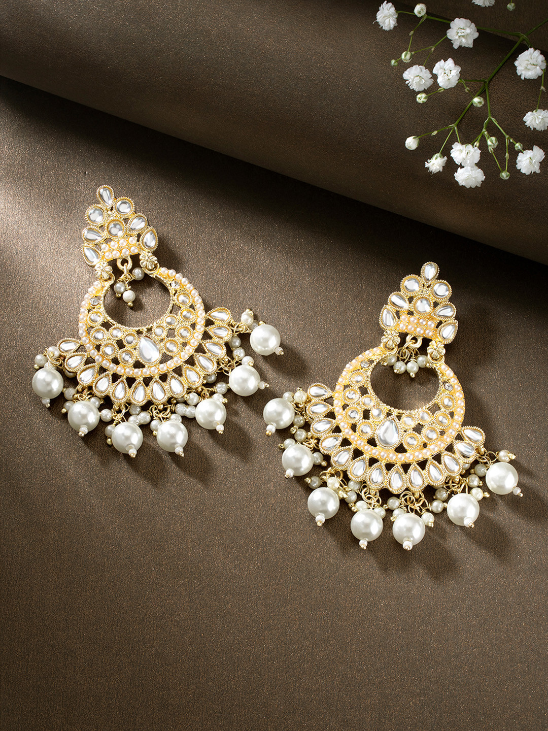 Peora Gold-Plated Pearl & Kundan Studded Contemporary Chandbalis