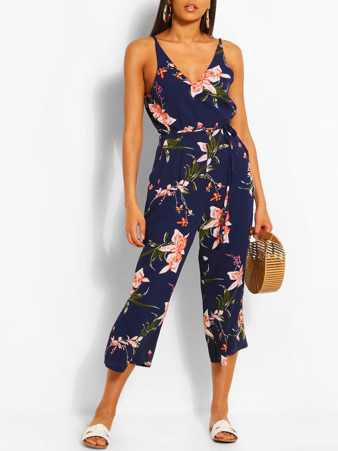 Boohoo Floral Printed Plunge Neck Culotte Jumpsuit