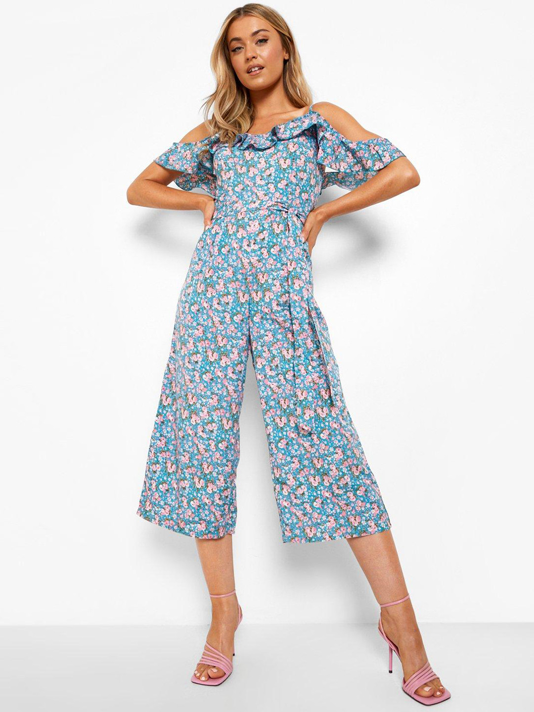 Boohoo Floral Frill Cold Shoulder Belted Jumpsuit