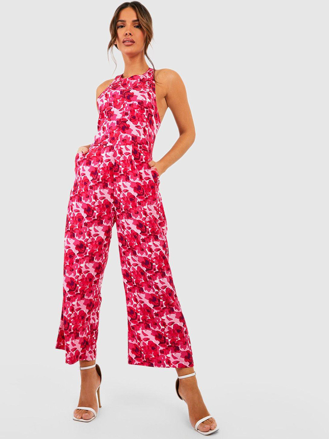 Boohoo Floral Print Halter Neck Crop Jumpsuit