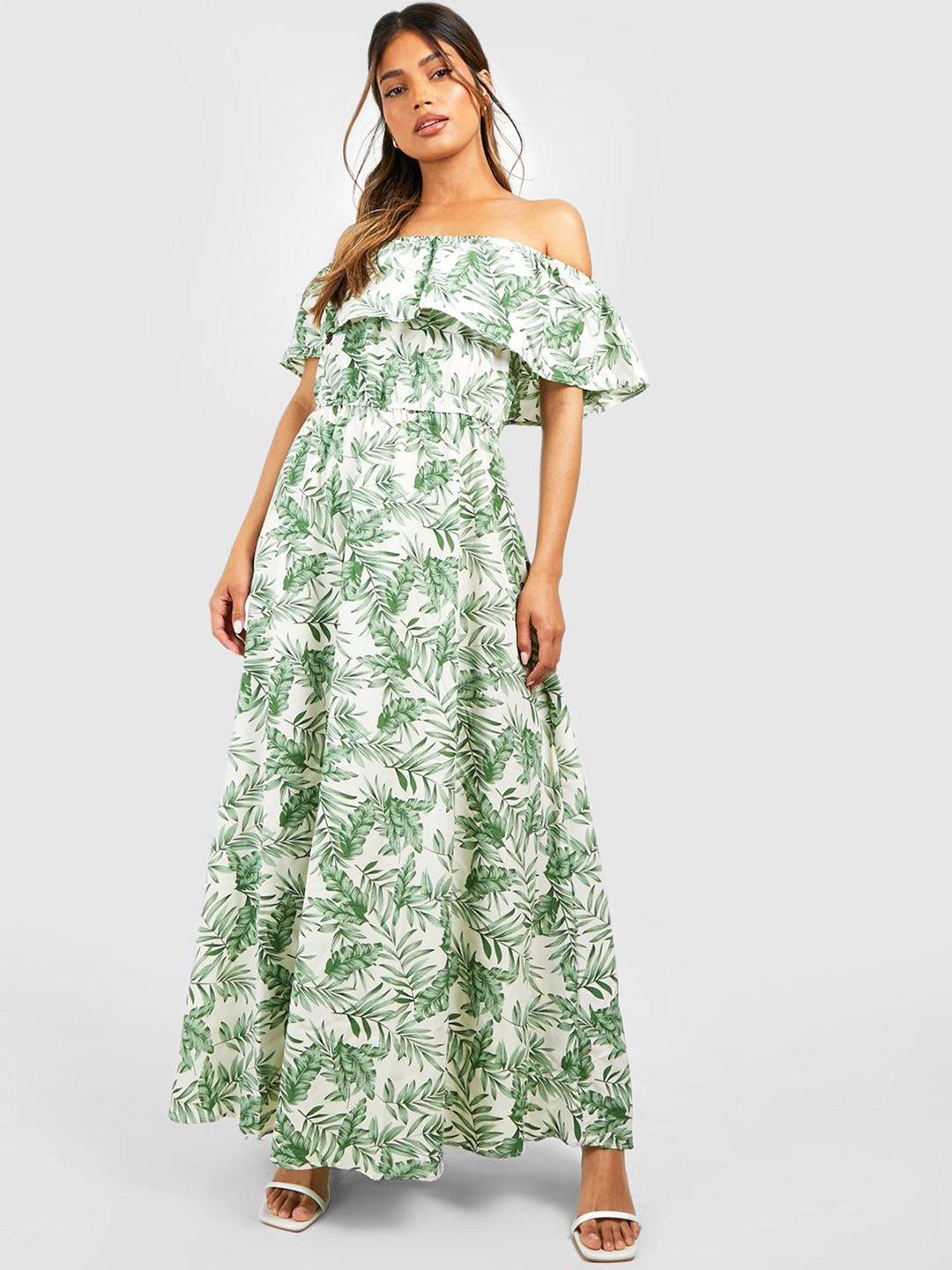 Boohoo Tropical Print Layered Bardot Maxi Dress