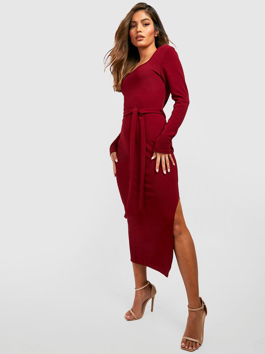 Boohoo Square Neck Belted Sheath Midi Dress