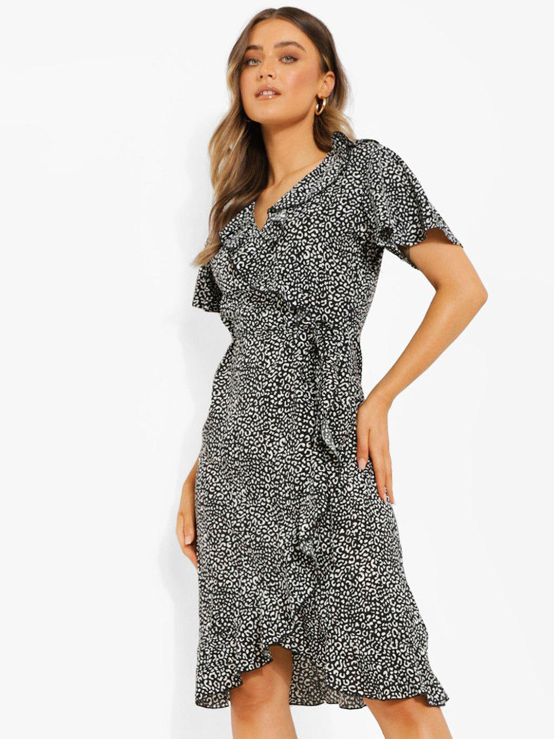 Boohoo Monochrome Animal Print Flutter Sleeve Ruffled Wrap Dress