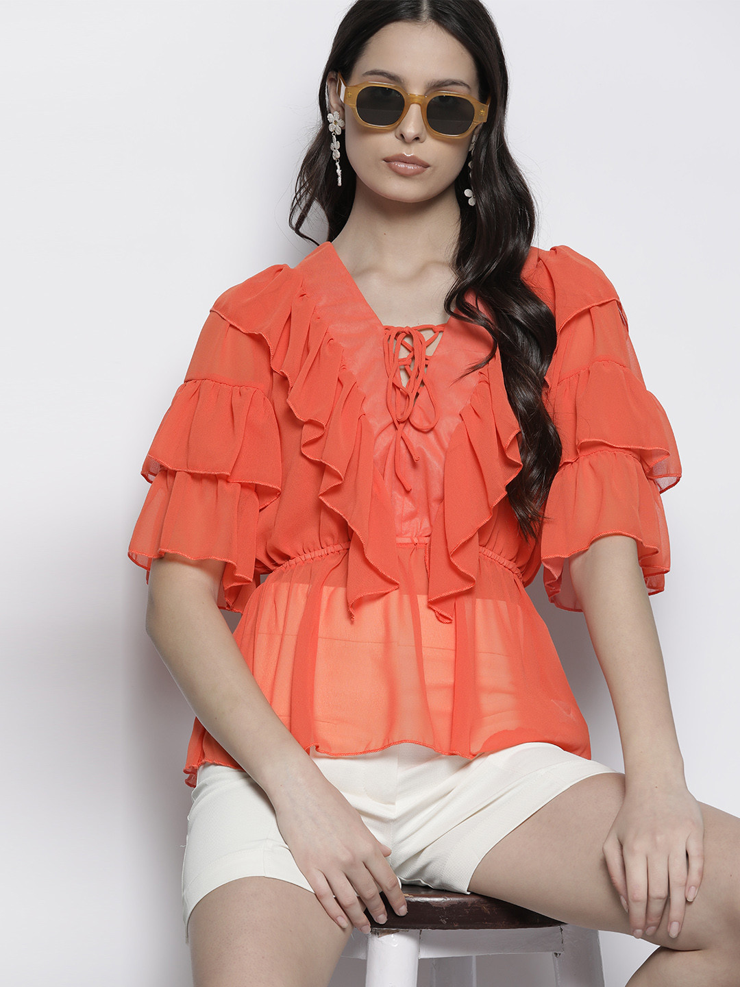 Boohoo Lace-Up Detail Ruffled Flutter Sleeves Top
