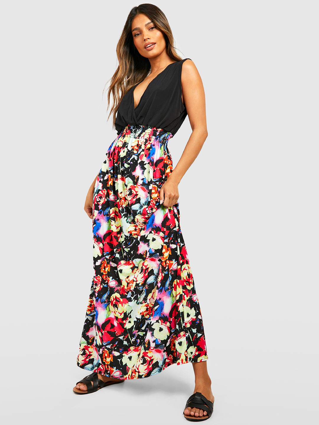 Boohoo Black & Red Floral Print Empire Maxi Dress