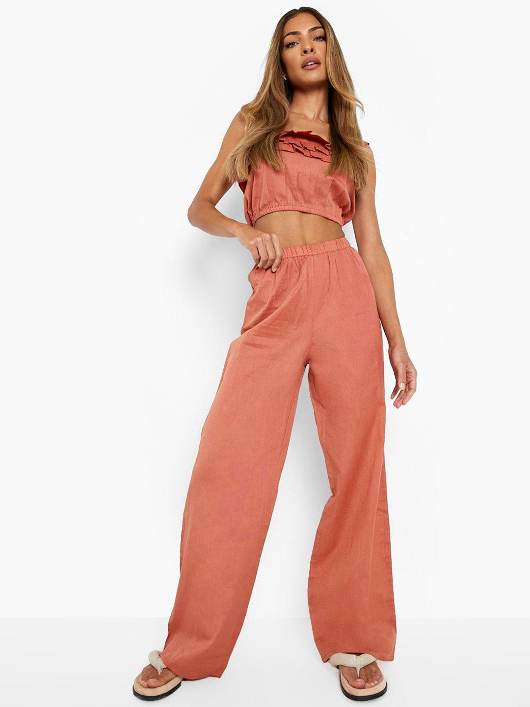 Boohoo Pure Cotton Crop Top & Wide Leg Trousers Set