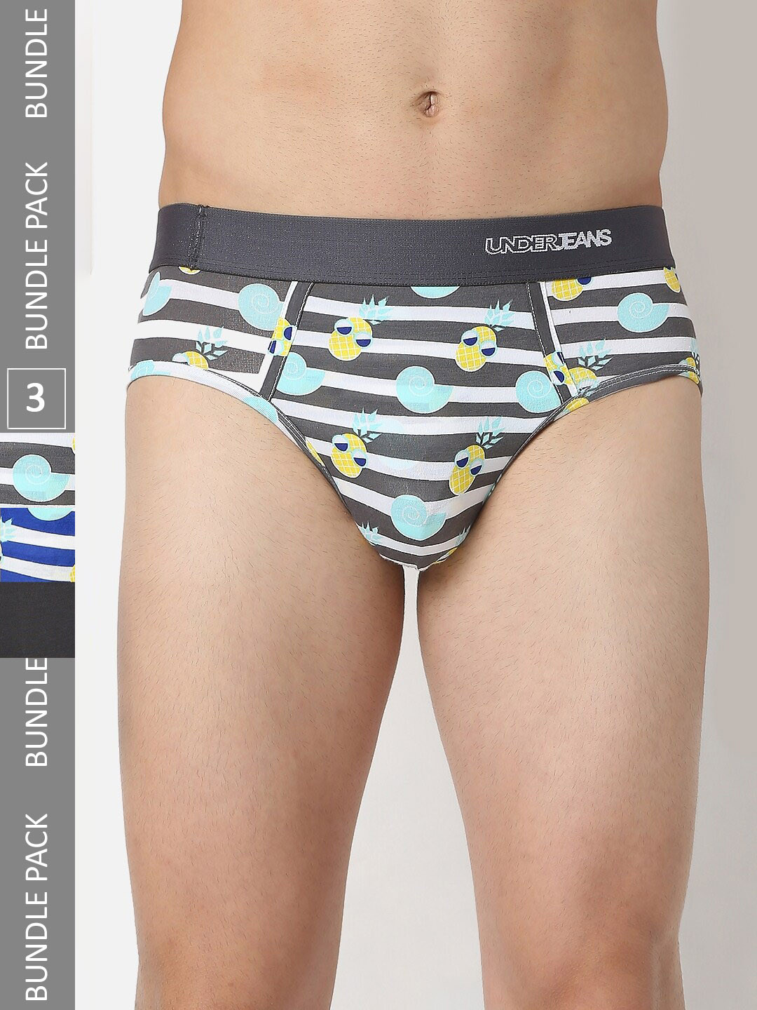 UnderJeans by Spykar Men Pack Of 3 Assorted Low-Rise Basic Briefs UJNPBP047BLUEGREYGREY