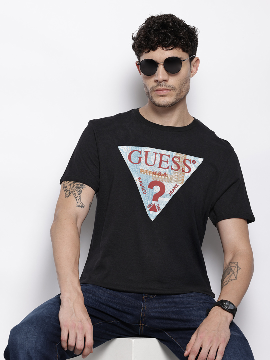 GUESS Brand Logo Printed Pure Cotton T-shirt