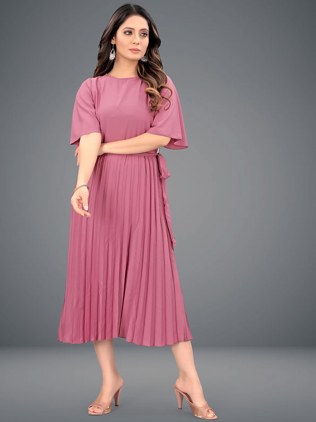 DEKLOOK Flared Sleeve Crepe Accordion Pleats A-Line Midi Dress