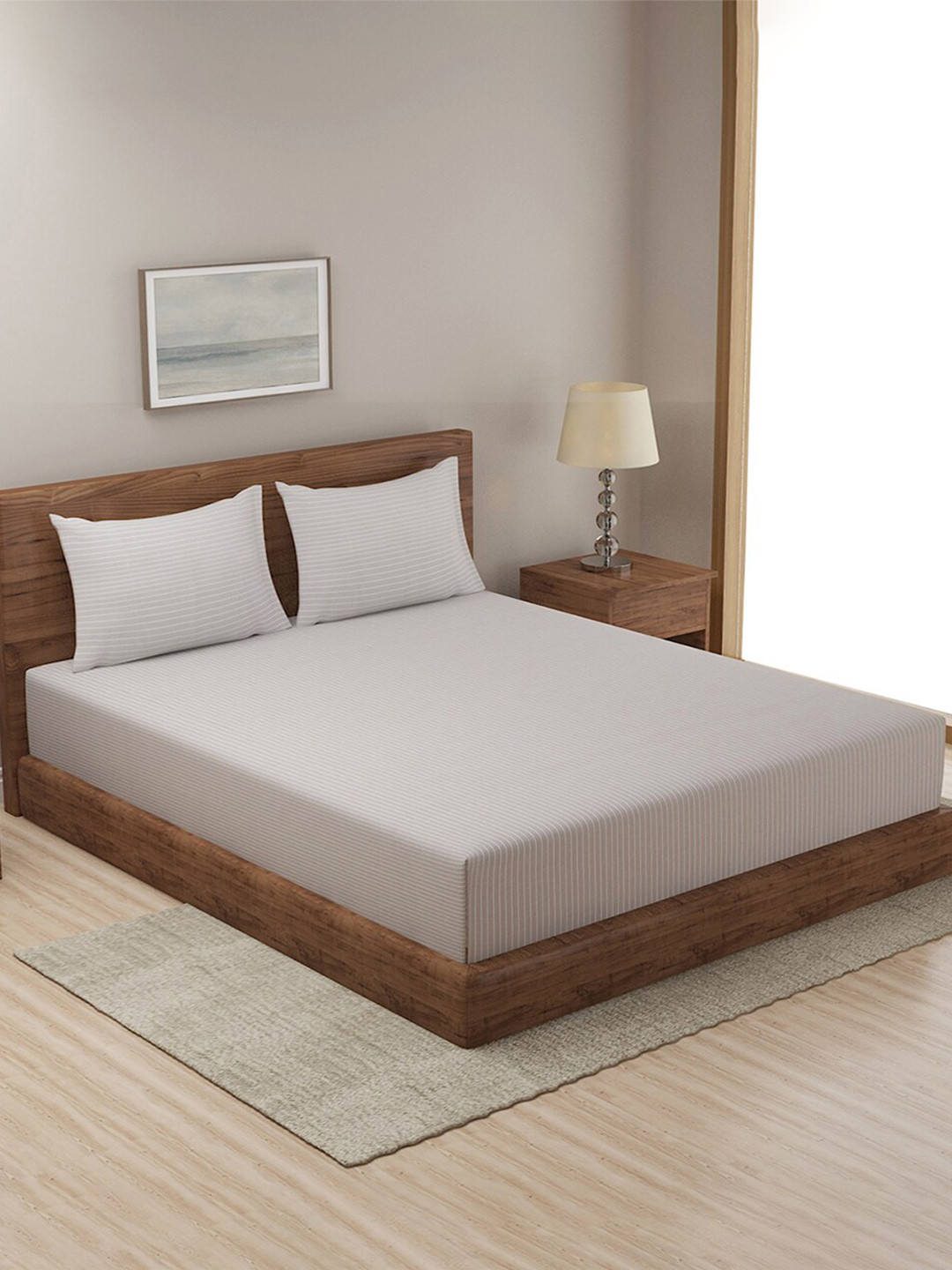 Fabindia Nile Taupe Striped Cotton 92 TC Double Bedsheet with a Pillow Cover-59 x 98 inches