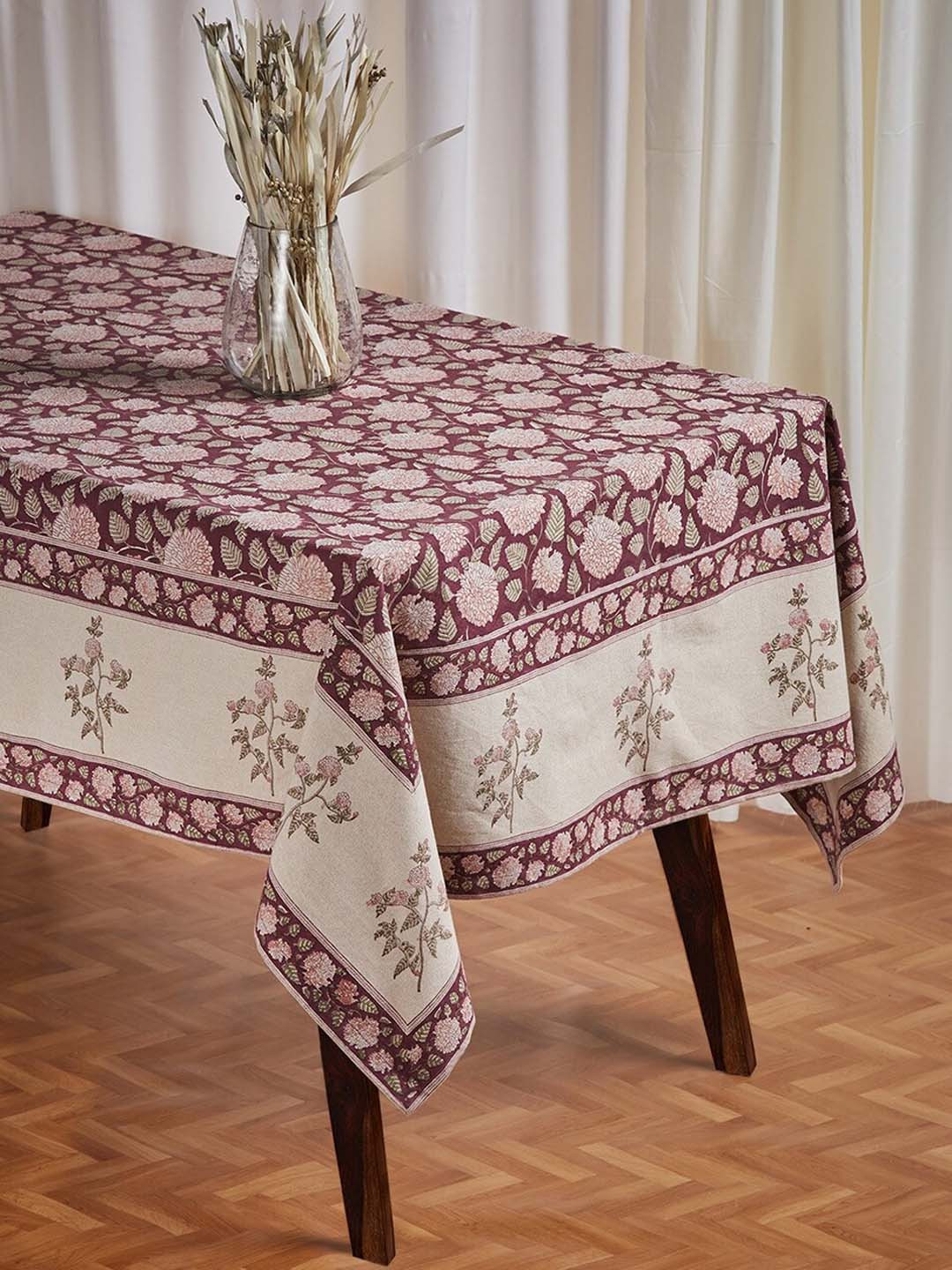 Fabindia Ayira Maroon & Beige Floral Printed Cotton 4-Seater Table Cover