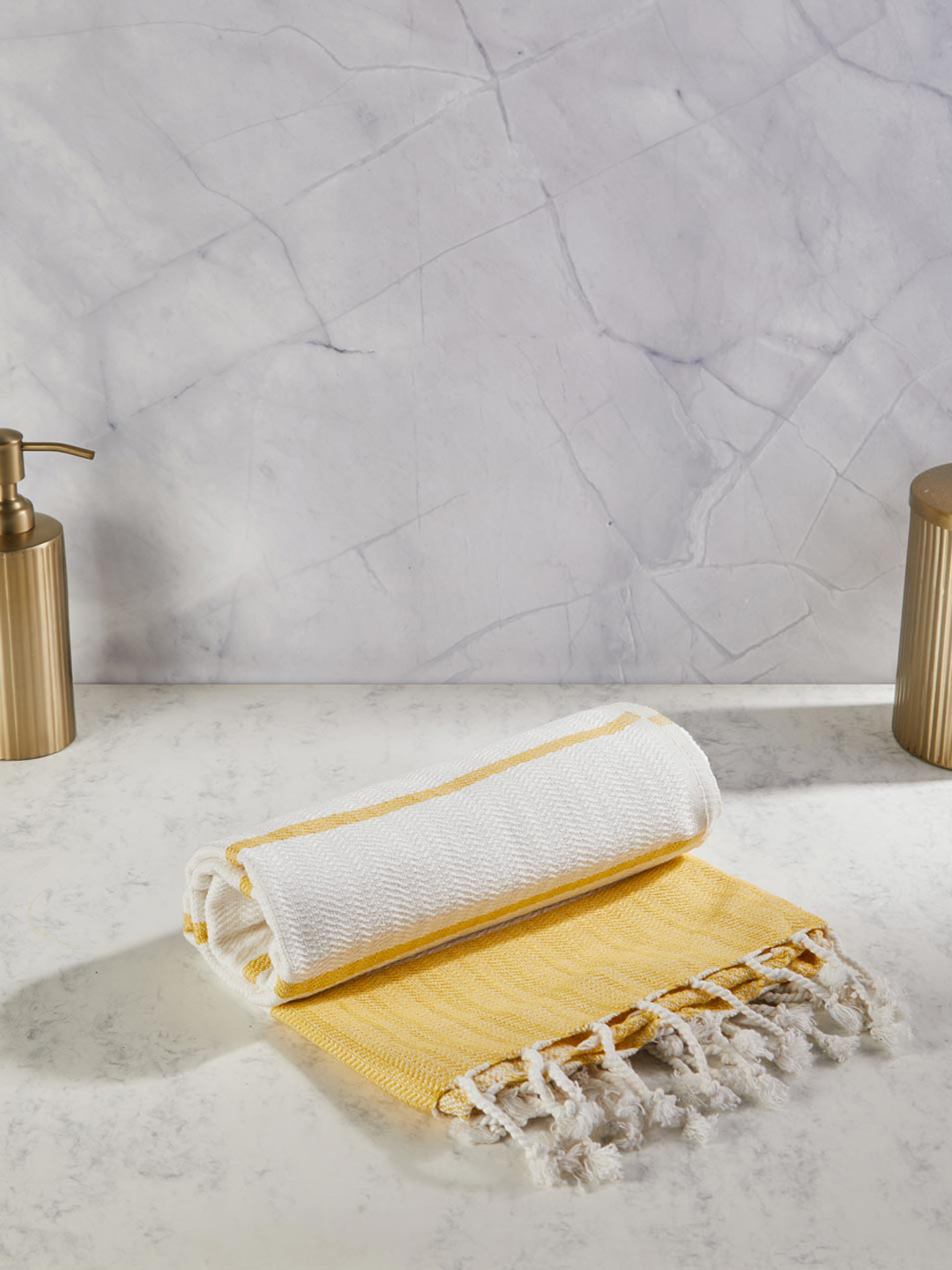 Fabindia Yellow & White Striped 233 GSM Kani Cotton Bath Towel