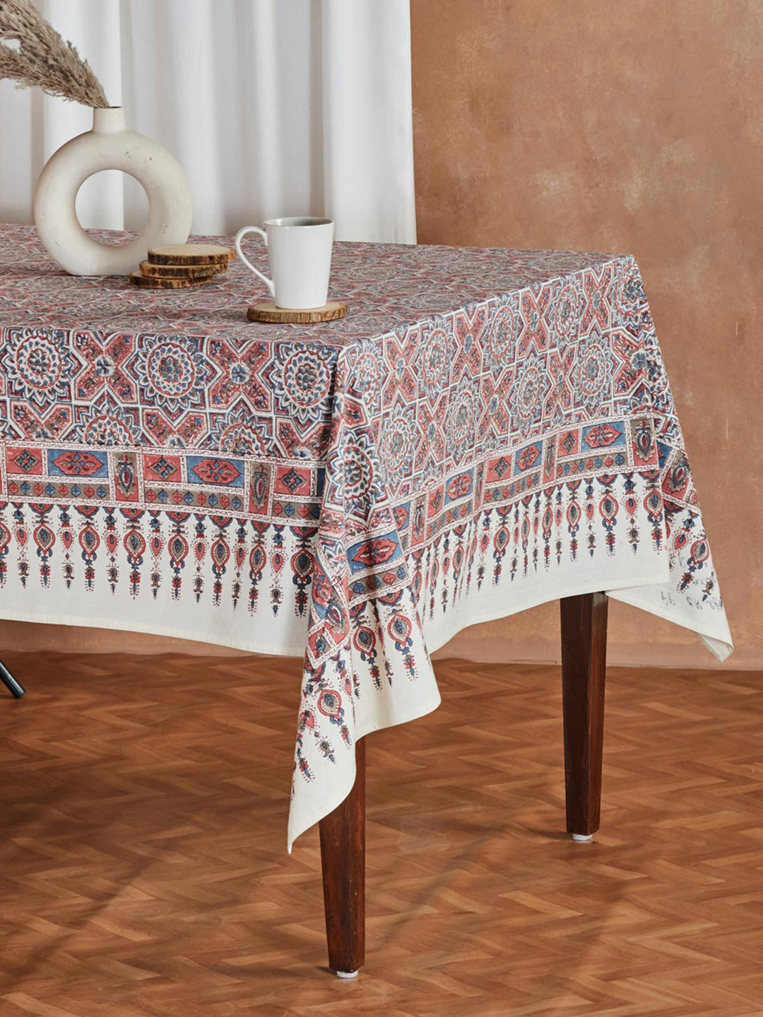 Fabindia Cerise Ilyana Pink Cotton Hand Block Printed 4 Seater Table Cover