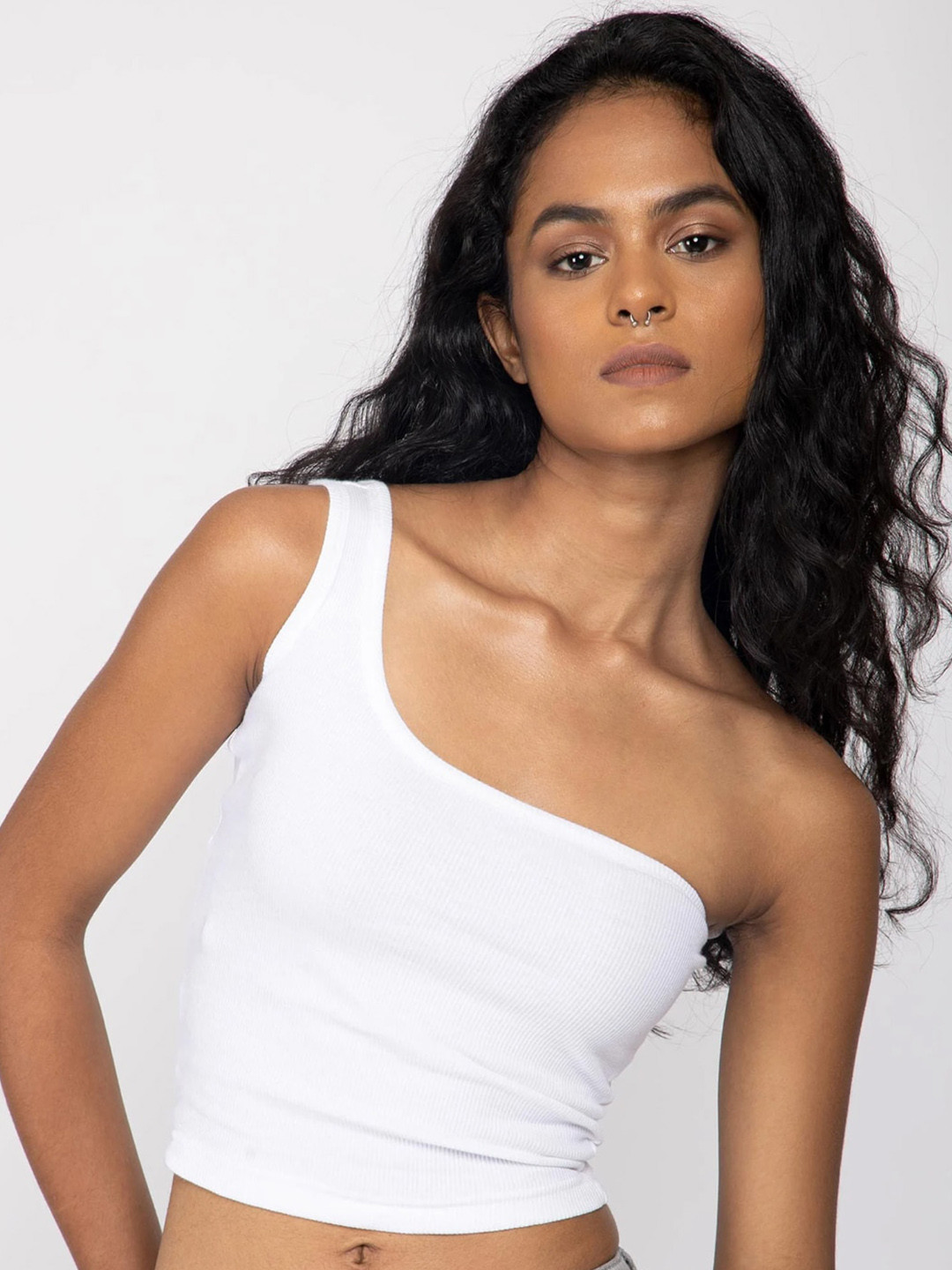 Bonkers Corner White One Shoulder Cotton Ribbed Tank Top