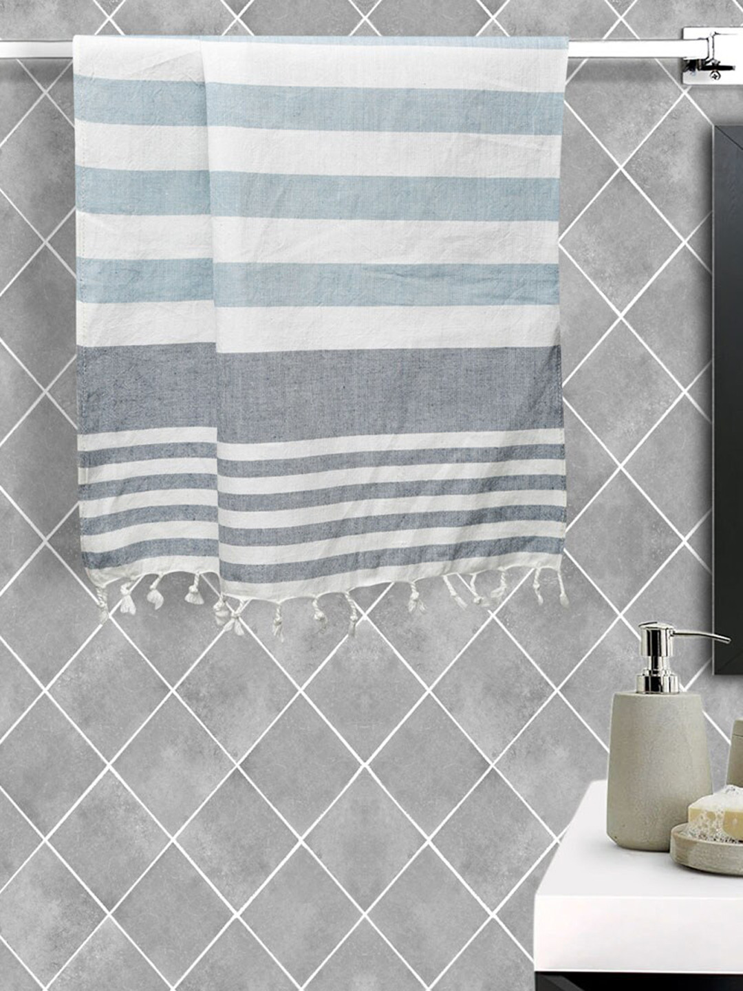 Fabindia White and Blue Striped Cotton 127 GSM Bath Towel