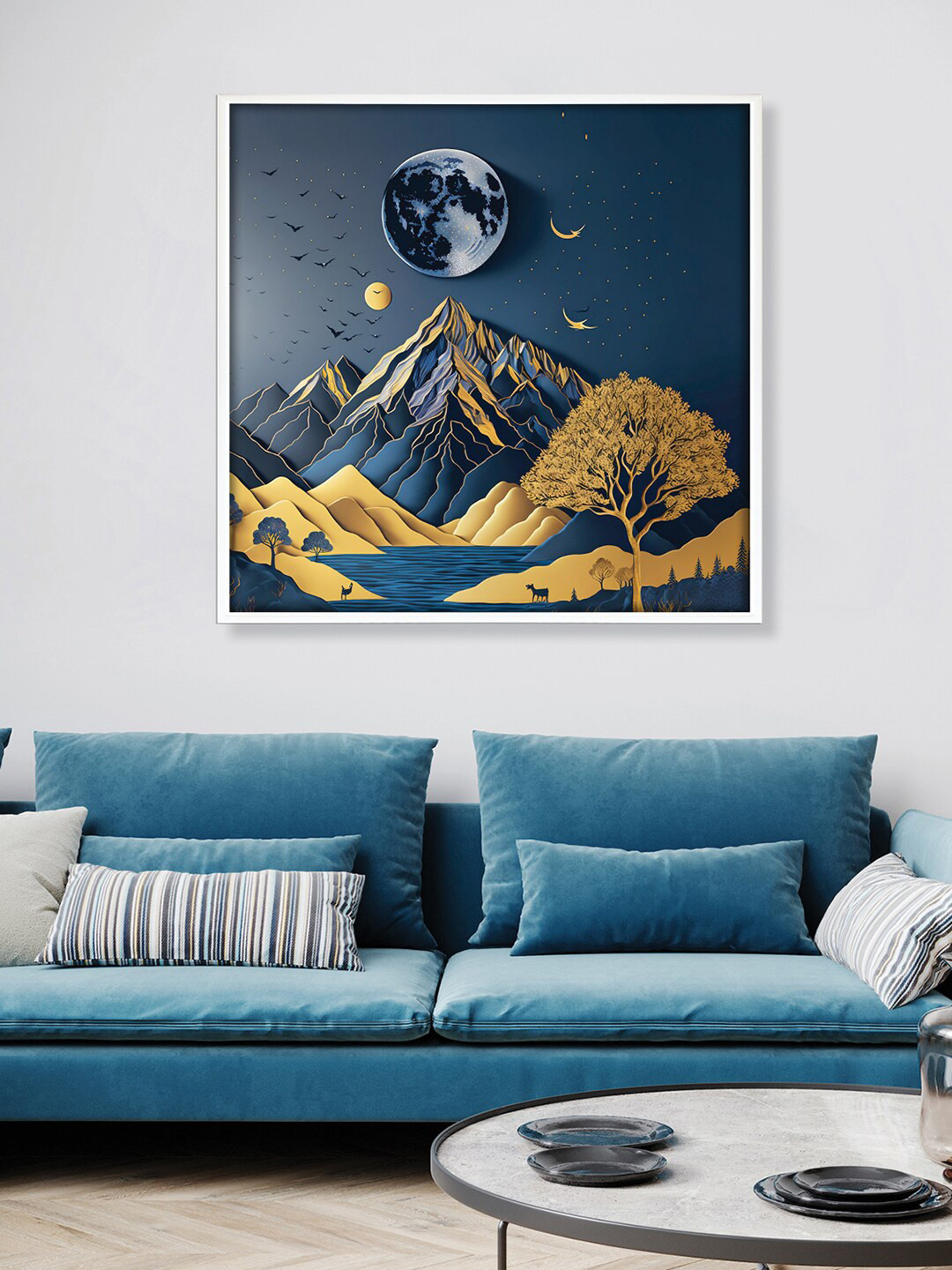 RANDOM Blue & Beige Mountain Canvas Wall Art Painting