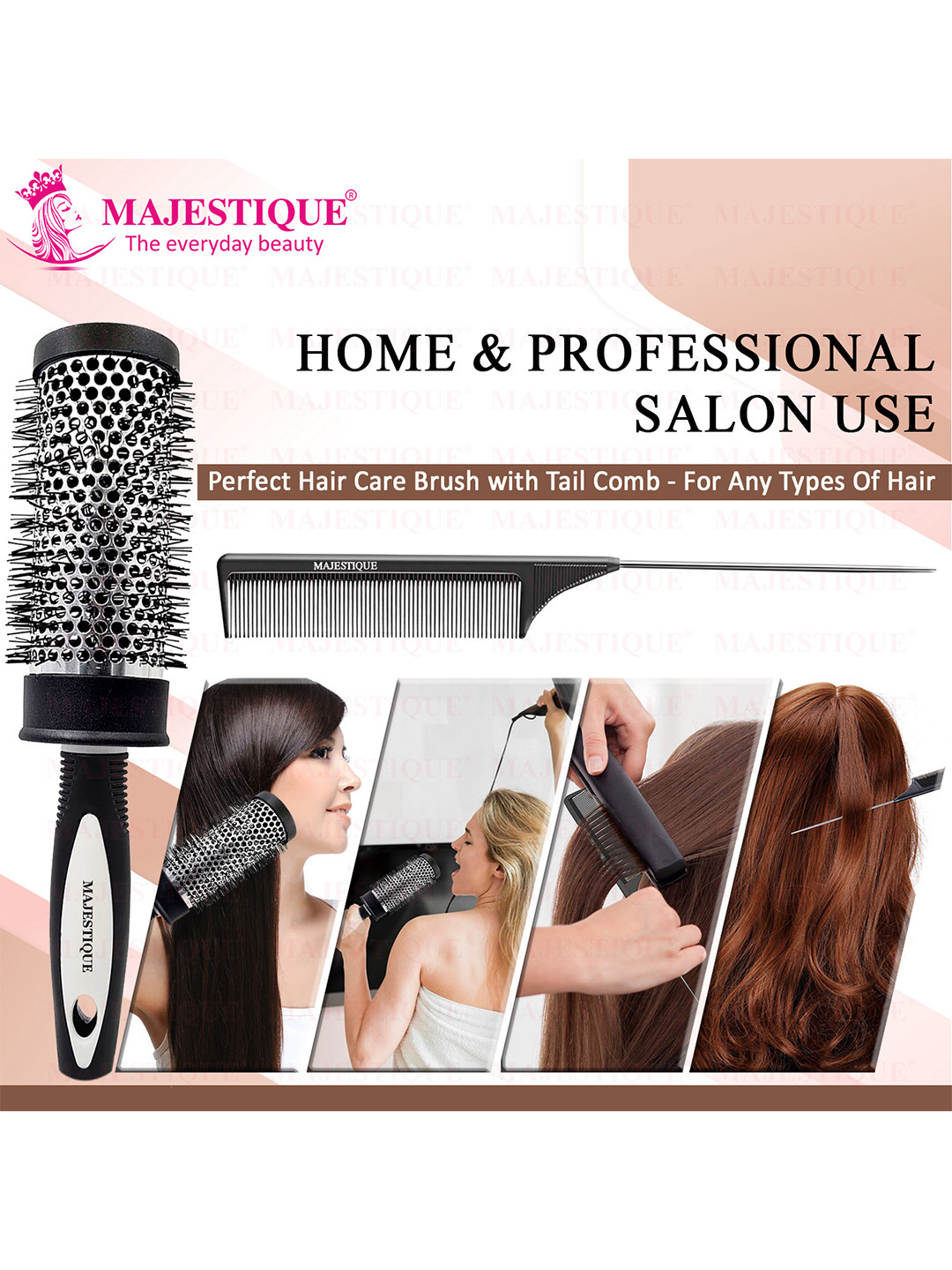MAJESTIQUE Blow Dryer Brush 2 Inch & Tail Comb For Blow Drying