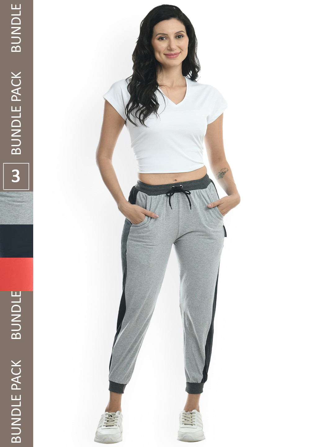 IndiWeaves Women Pack Of 3 Side Panel Details Pure Cotton Joggers