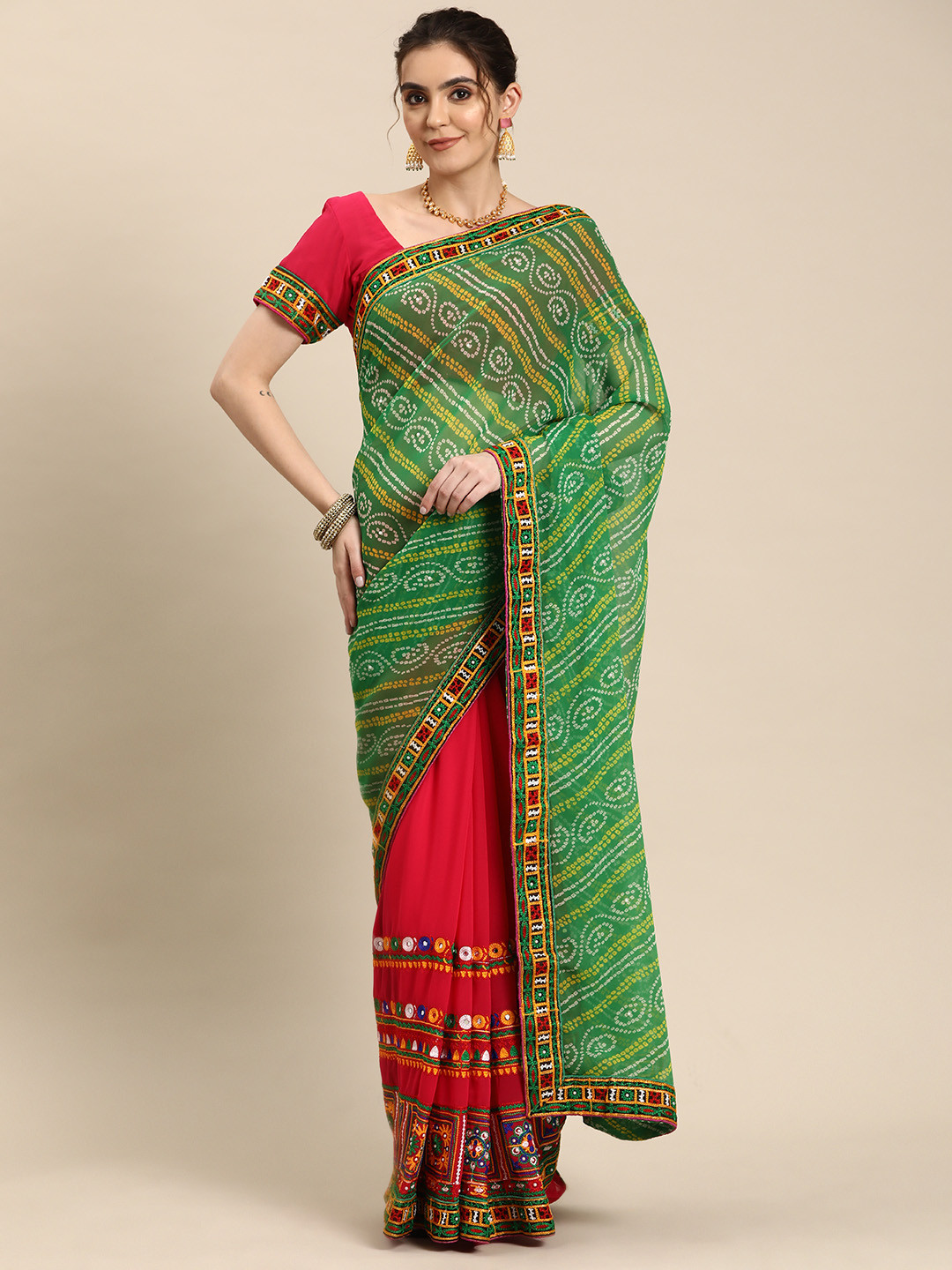 RAJGRANTH Bandhani Embroidered Pure Georgette Half & Half Saree