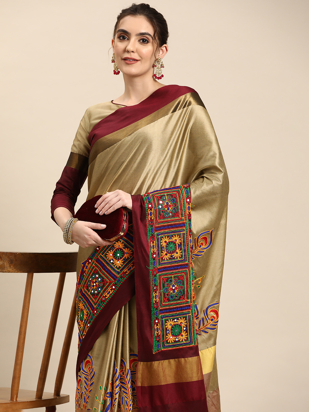 RAJGRANTH Ethnic Motifs Kutchi Embroidery Silk Cotton Heavy Work Banarasi Saree