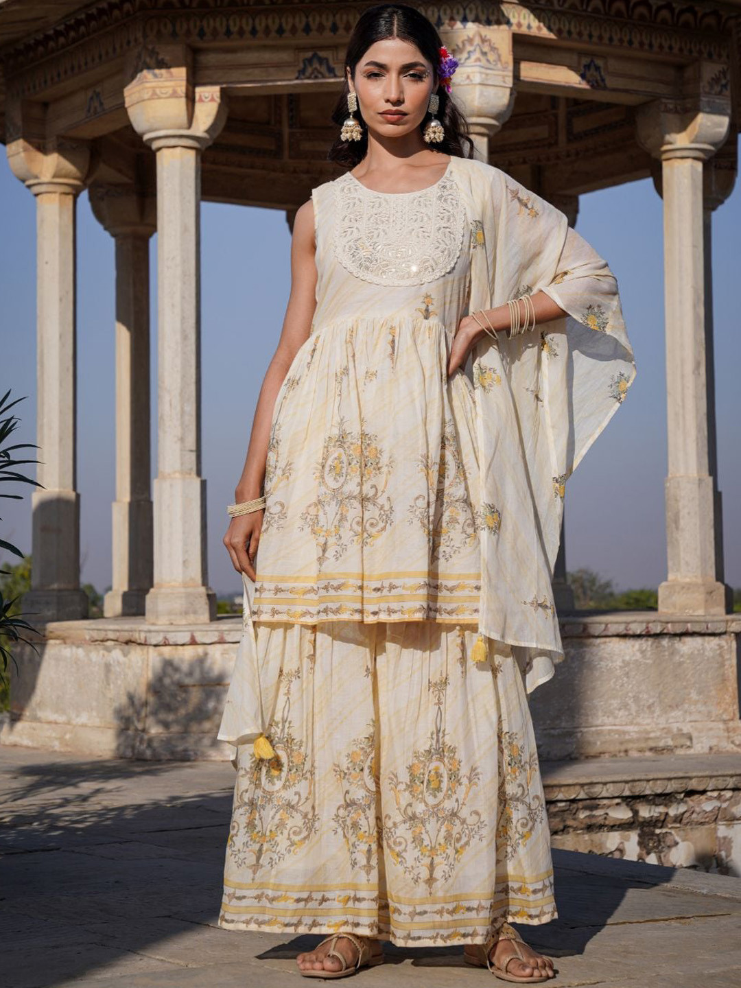 Zolo Label Ethnic Motif Printed Sequin Detailed Pure Cotton Kurti With Sharara & Dupatta