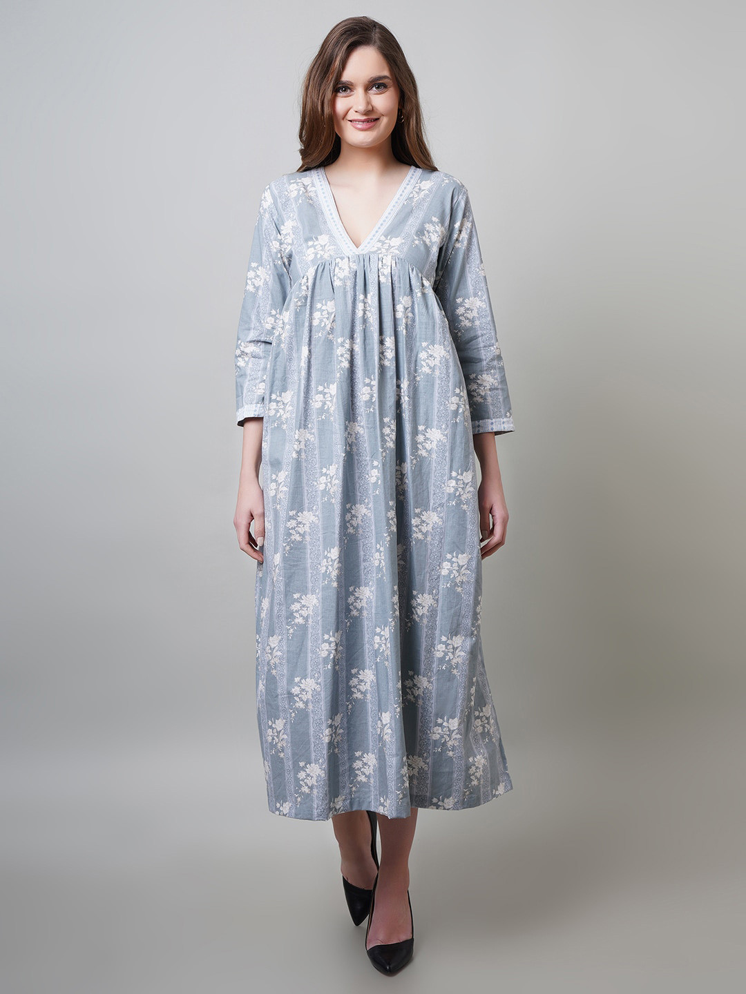 NAVIYATA  Floral Print Empire A-Line Midi Ethnic Dress