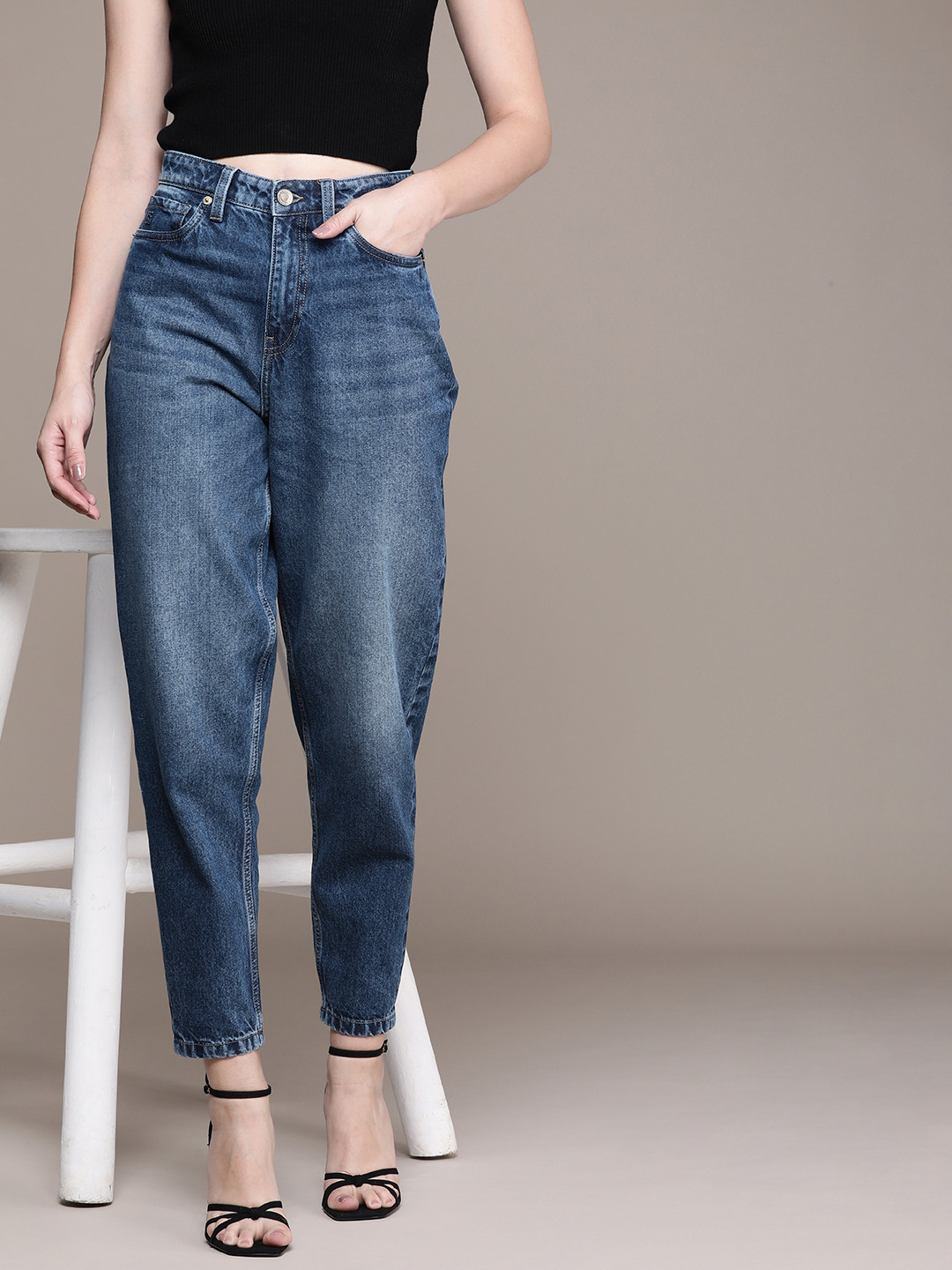 French Connection Women Mom Fit Heavy Fade Pure Cotton Jeans