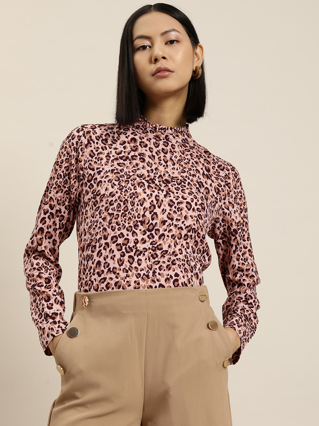 her by invictus Leopard Print Frill Detail High Neck Top