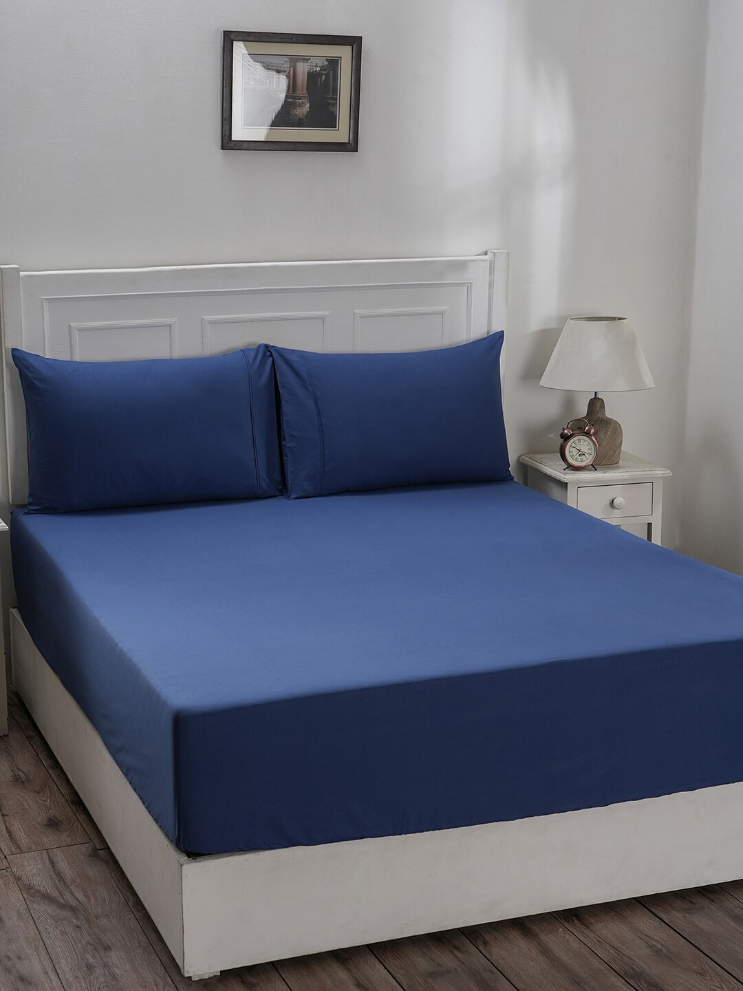 MASPAR Eden Blue Solid Cotton 144 TC Fitted Queen Bedsheet with 2 Pillow Covers-274 x 274 cm
