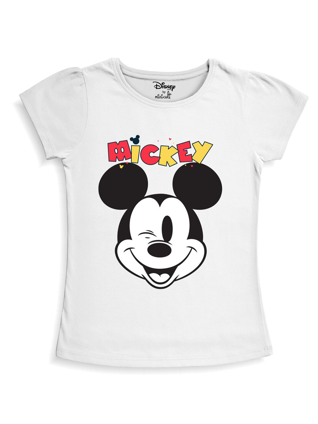 Minicult Girls Mickey Mouse Printed Puff Sleeves Casual Cotton T-shirt