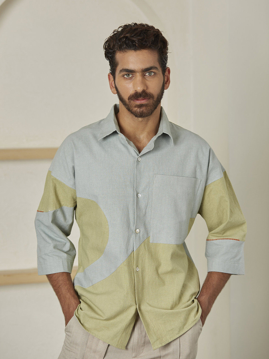 ARTLESS Relaxed Colourblocked Hemp Cotton Casual Shirt