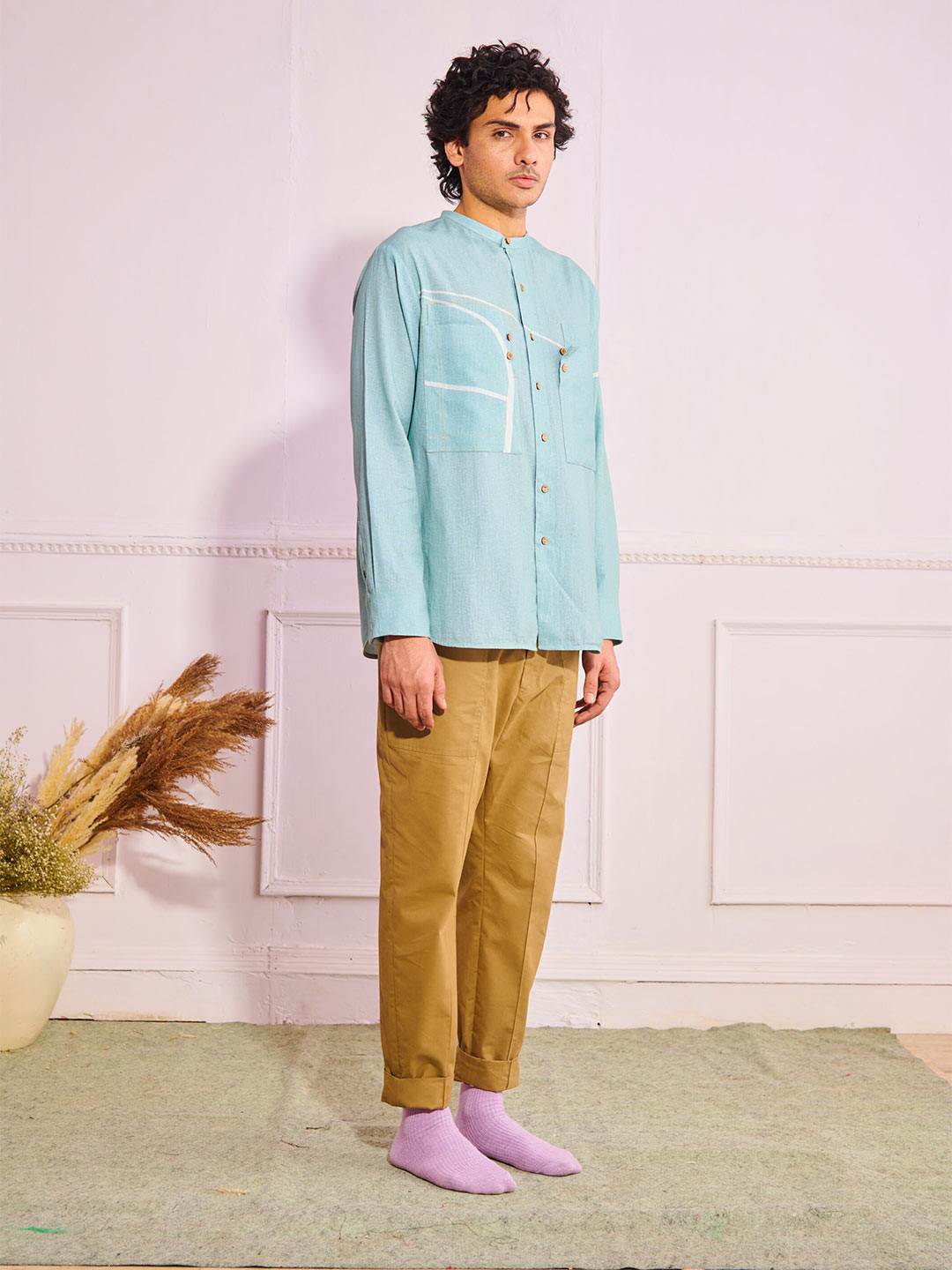 ARTLESS Abstract Printed Band Collar Relaxed Hemp Cotton Casual Shirt