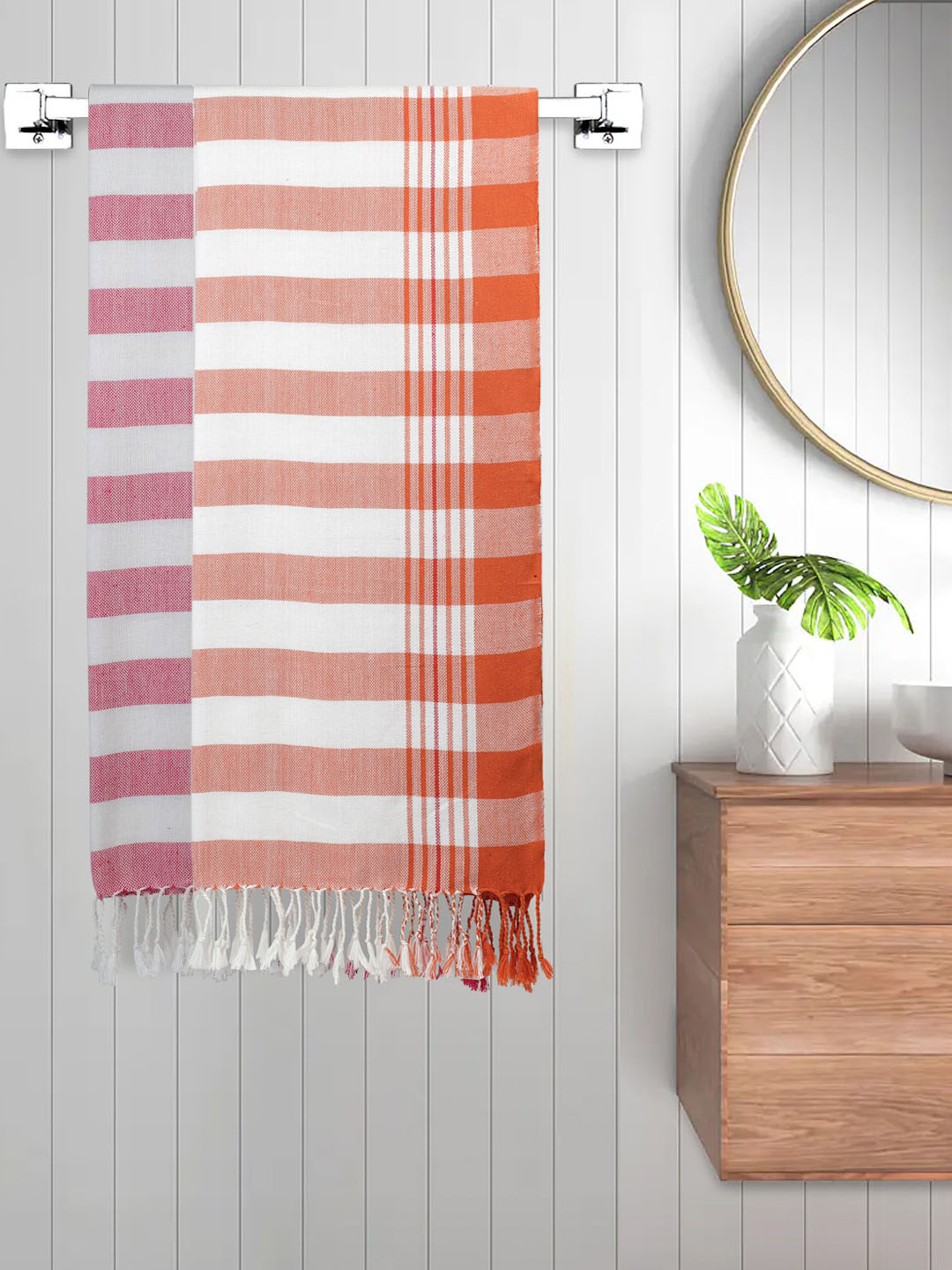 FABINALIV Set of 2 Red & Pink Striped Printed 225 GSM Cotton Bath Towels
