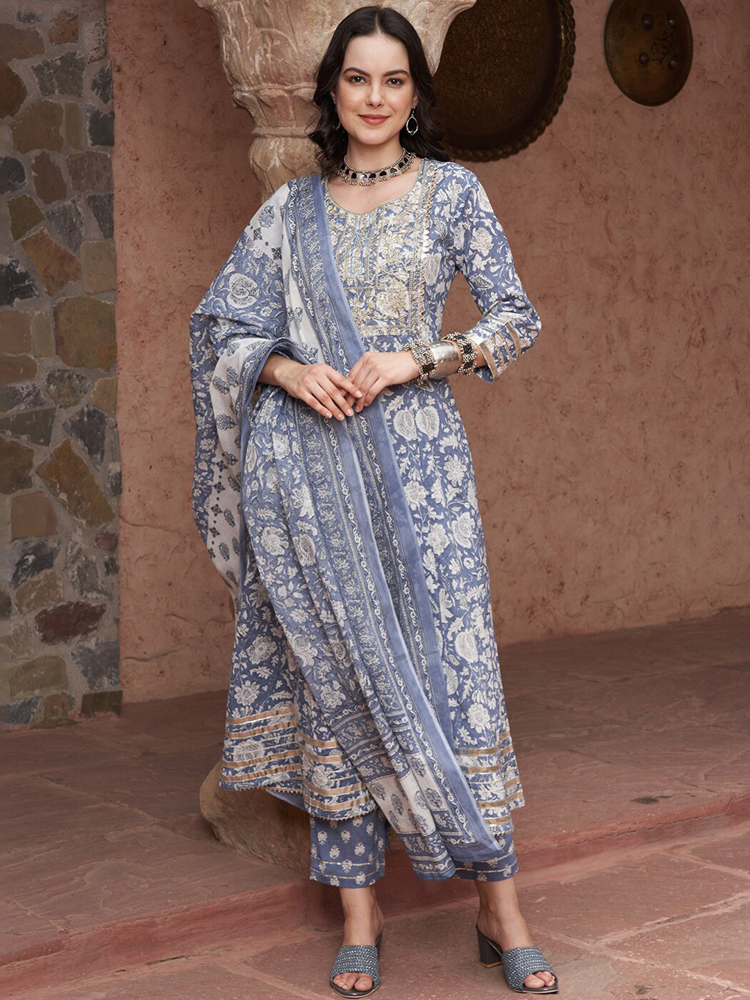 Sangria Blue Printed Thread Work Pure Cotton Empire A-Line Kurta with Trousers & Dupatta