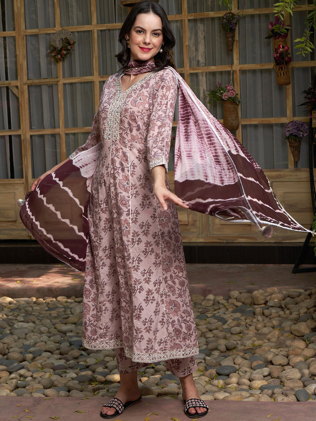 Sangria Mauve Coloured Floral Printed Pure Cotton A-Line Kurta with Trousers & Dupatta