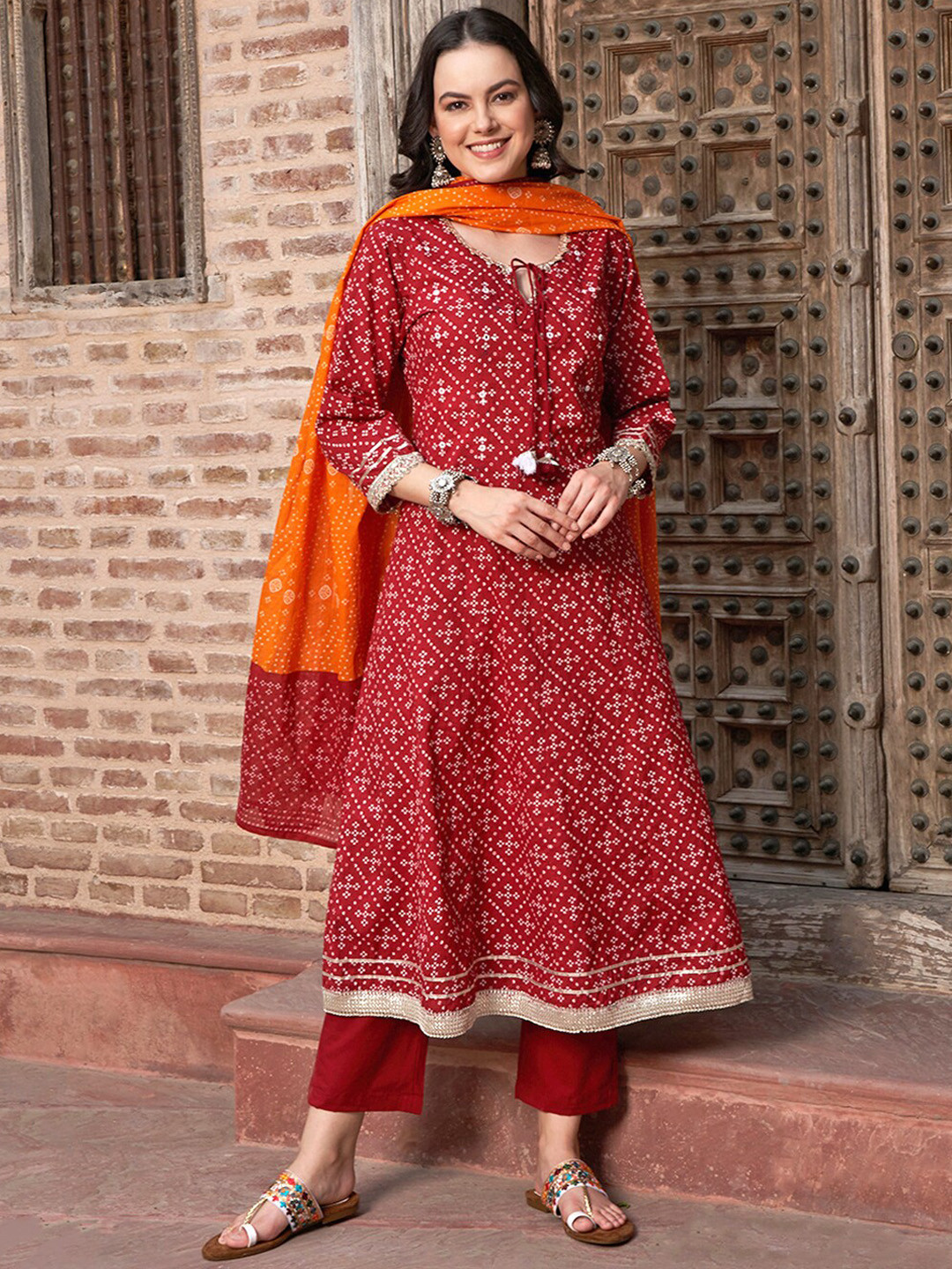 Sangria Maroon Bandhani Printed Pure Cotton A-Line Kurta with Trousers & Dupatta