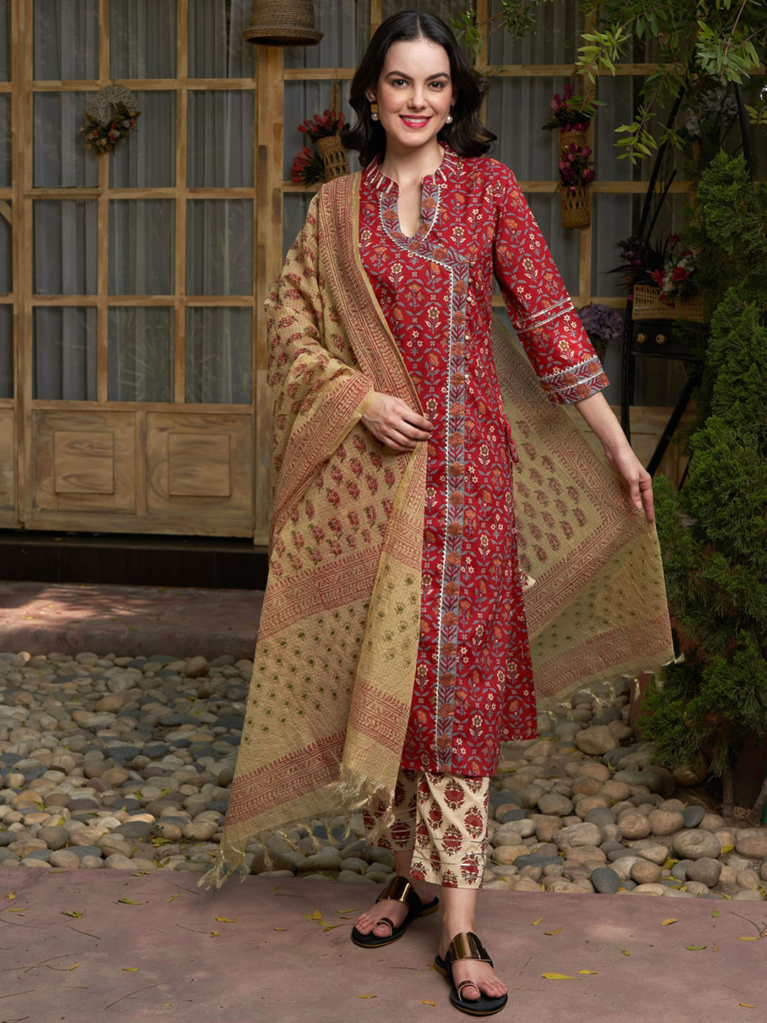 Sangria Maroon Floral Printed Angrakha Pure Cotton Kurta with Trousers & Dupatta