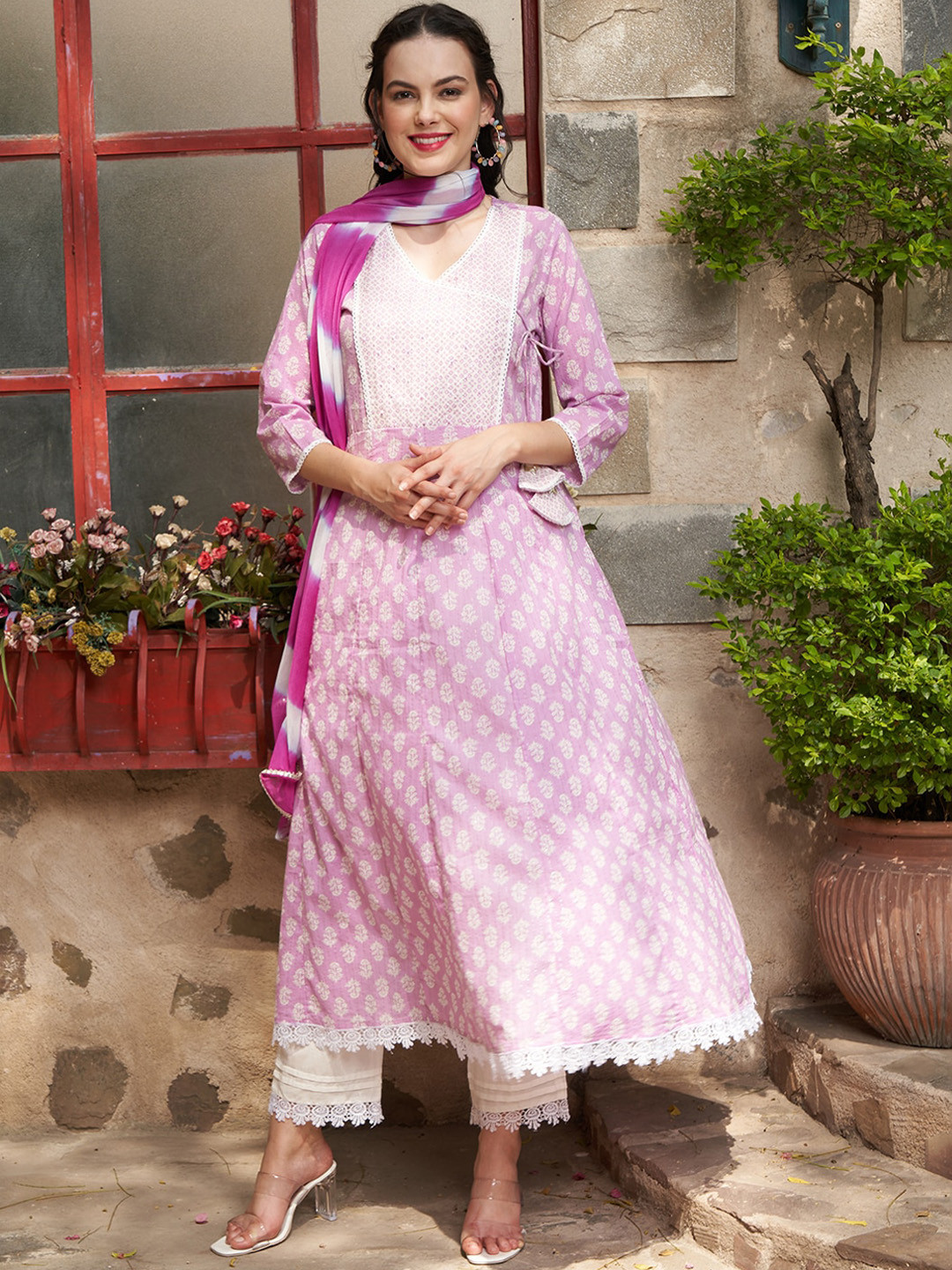 Sangria Lavender Printed Angrakha A-Line Kurta with Palazzos & Dupatta