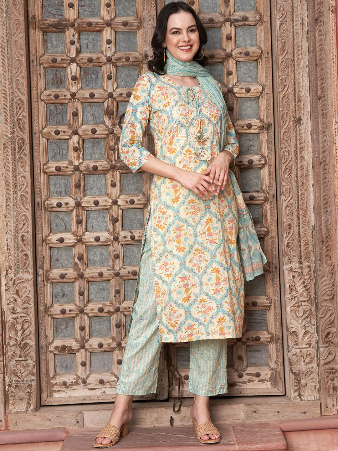 Sangria Orange Floral Printed Cotton Straight Kurta with Trousers & Dupatta