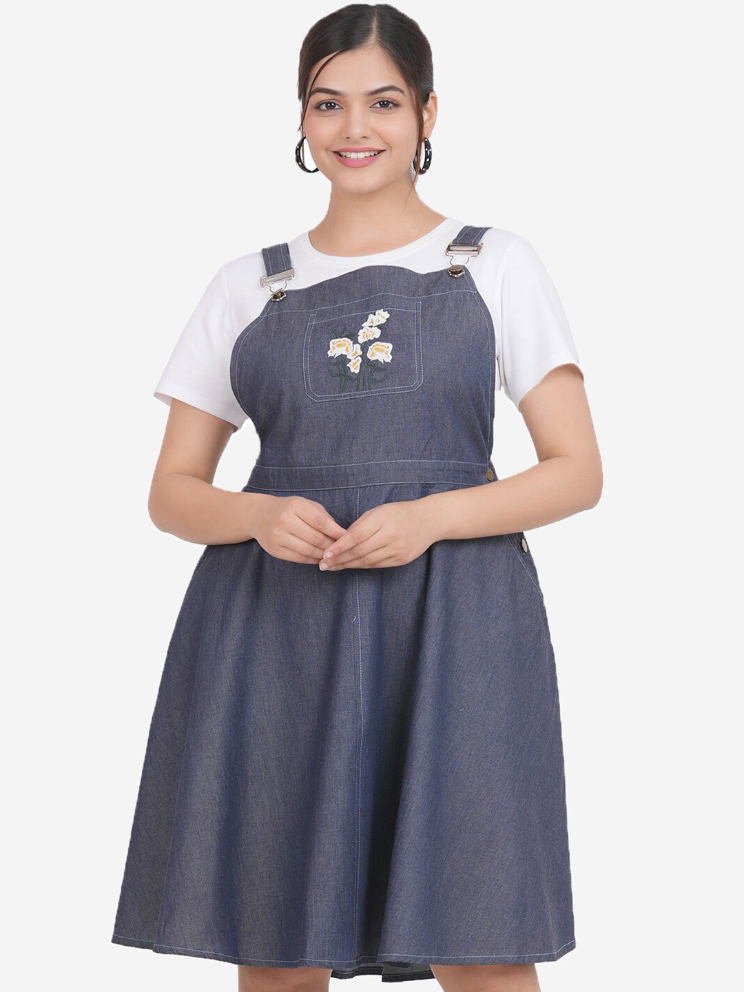 SUMAVI-FASHION Denim Cotton Gathred Or Pleated Pinafore Dress