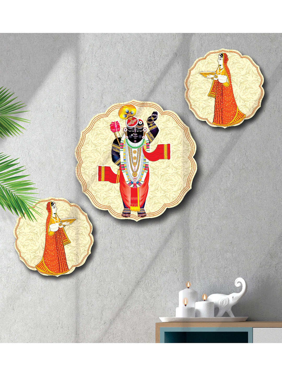 SAF Orange 3 Pieces Shree Nath Ji And Pichwai MDF Painting Wall Art